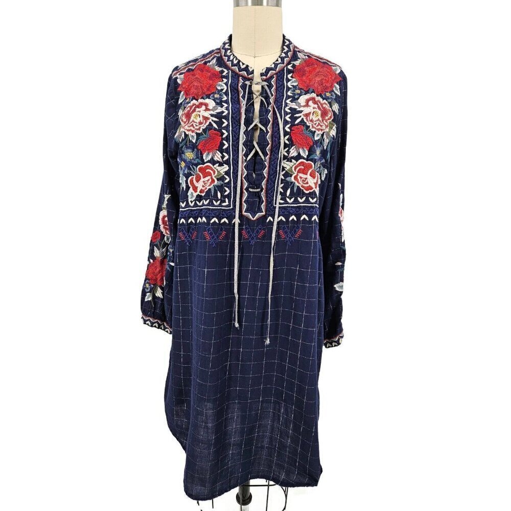 Johnny Was Workshop Tunic Mini Dress Womens S Navy Blue Floral Embroidered